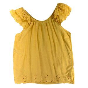MySTYLE Eyelet  blouse Flutter Sleeve Top open neckline yellow mustard sZ med